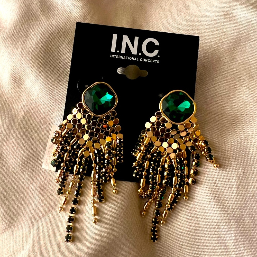 INC Green and Gold Chandelier Earrings, NWT